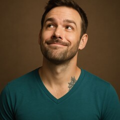 Obraz premium Young caucasian male smiling upward in teal shirt with tattoo