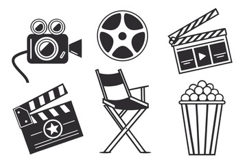 Collection of movie and cinema icons isolated on white background