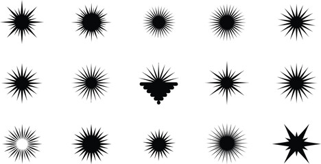 Vector art of collection of black starburst shapes isolated on white background