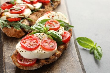Delicious sandwiches with mozzarella cheese and tomatoes on grey table, closeup