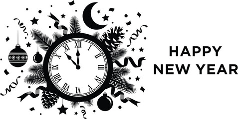 Vector art of happy new year countdown with clock ornaments and festive decorations isolated on white background