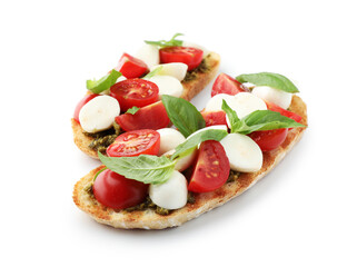 Delicious sandwiches with mozzarella cheese, tomatoes and basil isolated on white