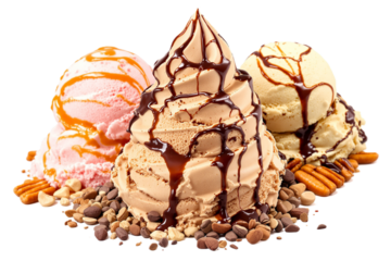 Set bundle of vibrant ice cream scoops with flavor cues transparent PNG isolated background. Caramel swirl, coffee, butter pecan flavors, tasty colorful summer presentation, flavour cue ingredients