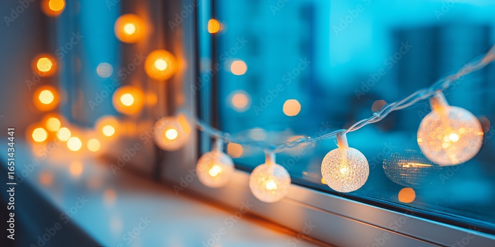 Poster decorative string lights with glowing orbs are elegantly draped along a window sill, creating a warm