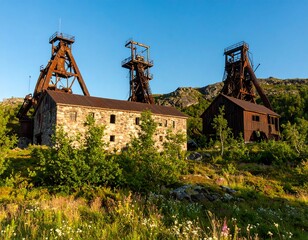 Rusty mining structures in a mountain landscape