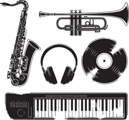 Naklejka premium Vintage Halftone Grunge Illustration Pack of Music Icons Saxophone, Trumpet, Headphones, Vinyl Record, and Keyboard
