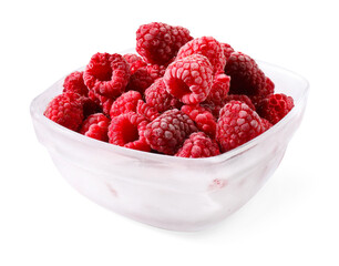 Ripe frozen raspberries in bowl isolated on white