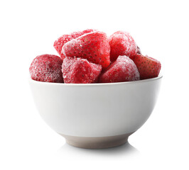 Ripe frozen strawberries in bowl isolated on white