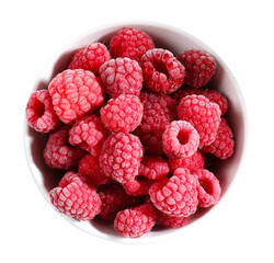 Ripe frozen raspberries in bowl isolated on white, top view