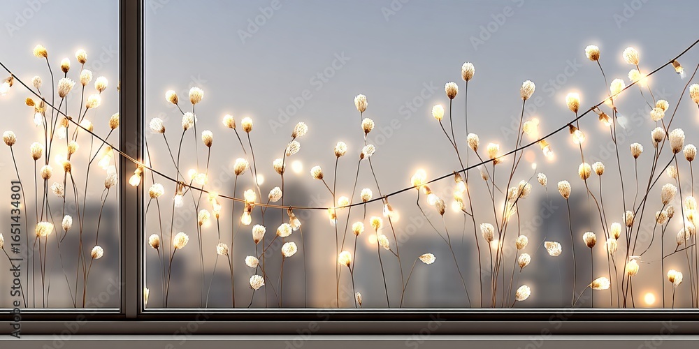 Poster decorative window display featuring glowing fairy lights intertwined with delicate flowers, creating