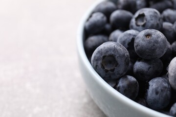 Ripe frozen blueberries in bowl on light grey table, closeup. Space for text