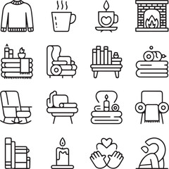 A vector icon set illustrates a collection of furniture, including a sofa, chair, bed, and table, for home and office interior design
