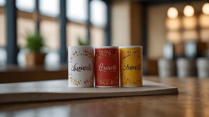 Modern ceramic mug mockup set with branding and packaging design in cozy coffee shop interior
