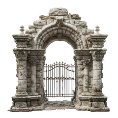 An old stone arch gate with iron bars, isolated on transparent background