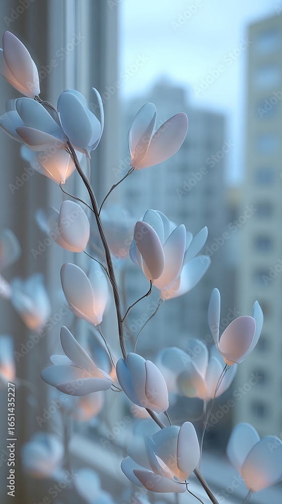Poster delicate white flower branch with soft glowing lights is elegantly placed near a window, creating a 