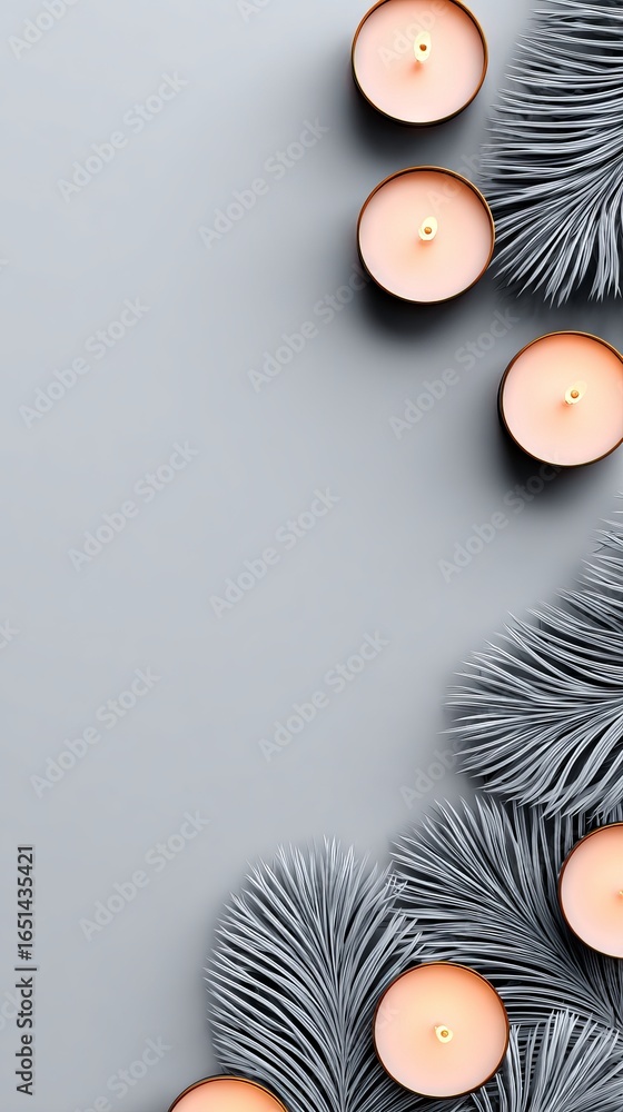 Poster soft gray background featuring decorative candles and lush palm leaves, creating a serene atmosphere