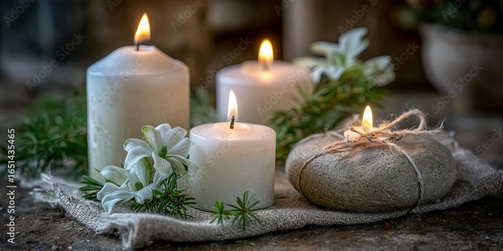 Poster white candles with soft flames are arranged on a rustic surface alongside fresh flowers and natural 
