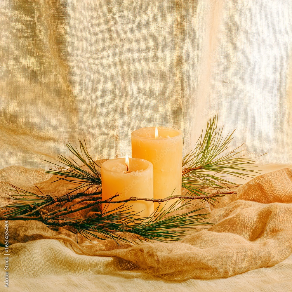Poster two lit candles surrounded by pine branches on a textured fabric background, creating a warm and inv