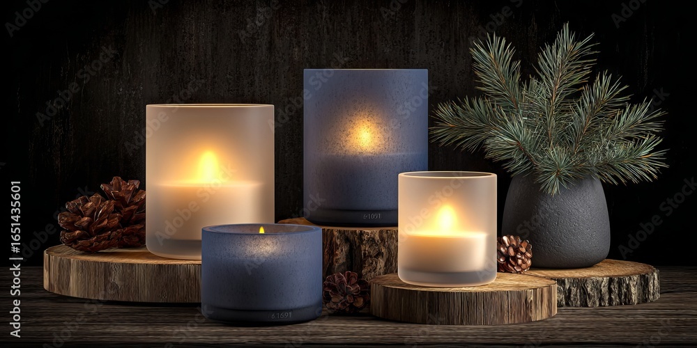 Poster decorative candles in various shapes and sizes, glowing softly on wooden slices, surrounded by pinec