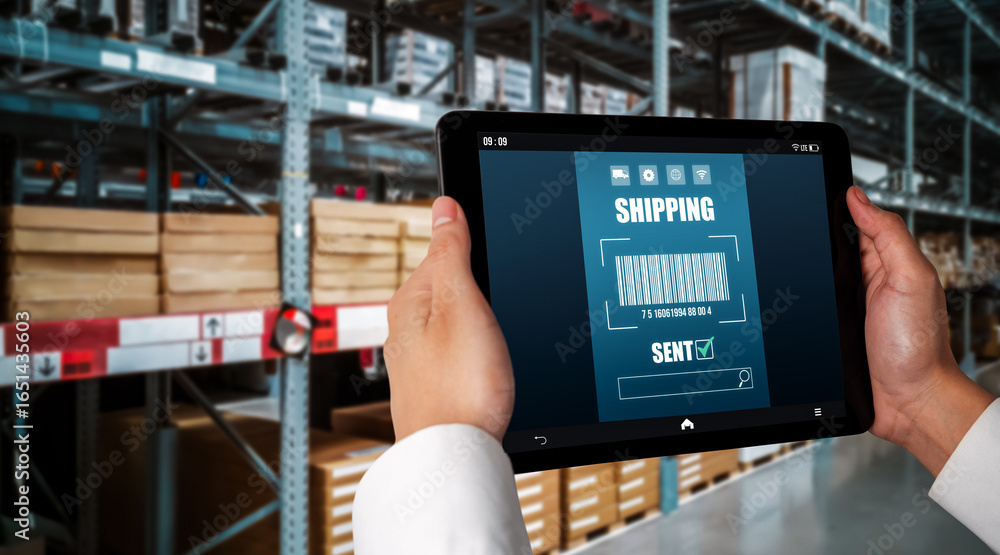 Poster warehouse management innovative software in computer for real time monitoring of goods package deliv