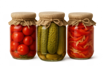 Glass jars with pickled tomatoes, cucumbers, and bell peppers, preserving the freshness of summer vegetables