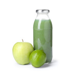Tasty juice in glass bottle and fresh fruits isolated on white