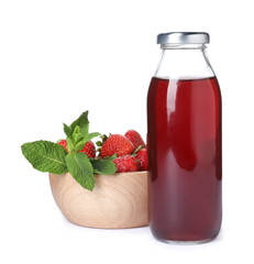 Tasty juice in glass bottle, strawberries and mint isolated on white