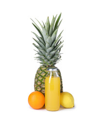 Tasty juice in glass bottle and fresh fruits isolated on white