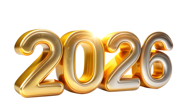 Metallic gold and silver 2026 new year design isolated on transparent background