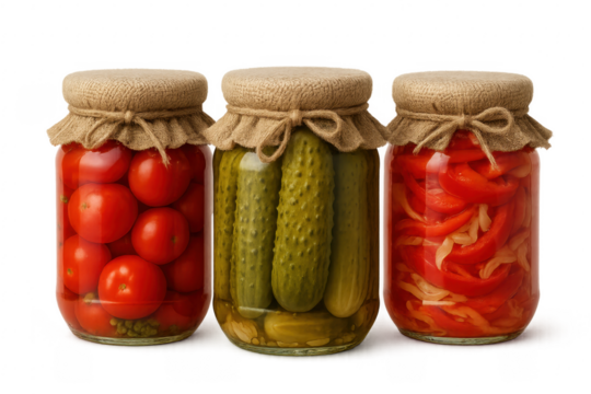 Glass jars with pickled tomatoes, cucumbers, and bell peppers, preserving the freshness of summer vegetables