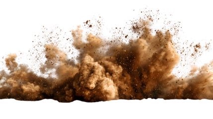 Explosion of earth and dust creating a dramatic airborne cloud against a white background.