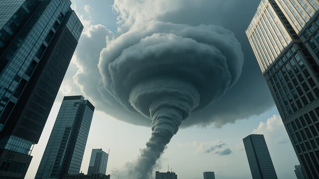 A dramatic scene of a swirling cloud of pollution rising from an industrial area amidst a city skyline, creating a stark contrast between nature and urban development - Powered by Adobe