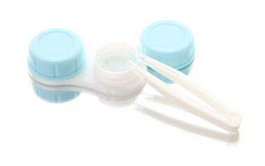 Case with contact lenses and tweezers isolated on white