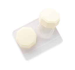 Case with contact lenses isolated on white, top view