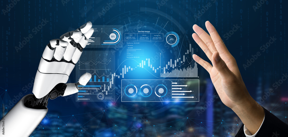 Poster ai analyzing sales data dashboard, visualizing performance metrics, detecting trends, and generating