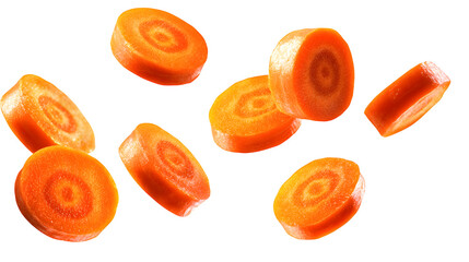 Vibrant carrot slices suspended in motion against a clean white background, showcasing fresh ingredients.
