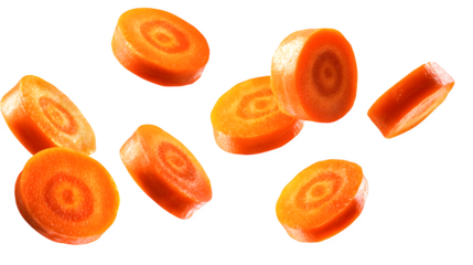 Vibrant carrot slices suspended in motion against a clean white background, showcasing fresh ingredients.