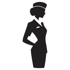 Silhouette of a flight attendant in uniform with hands behind back woman airline