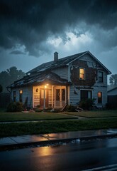 A weathered farmhouse stands under a stormy sky, its porch illuminated by a single light bulb as rain pours down, casting a somber glow over the scene