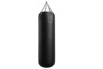 Black punching bag hanging with metal chains on transparent background