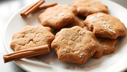 Freshly baked gingerbread cookies on a white plate with cinnamon sticks and powdered sugar sprinkled.