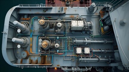 An overhead view of a ships deck illustrating the placement of mechanical equipment including pumps generators and ballast systems all interconnected by colorcoded piping and electrical