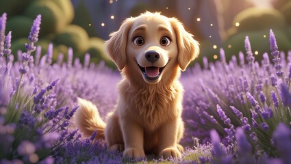Adorable 3D animated golden retriever puppy in a lavender field