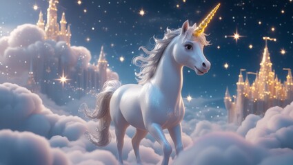 Majestic 3D animated unicorn in a dreamy celestial landscape