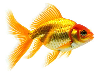 Fototapeta premium Premium studio shot showing Beautiful gold fish swimming in aquarium pet fish tropical aquatic life isolated on transparent background, subtle metallic sheen, studio product photo on a clean white bac