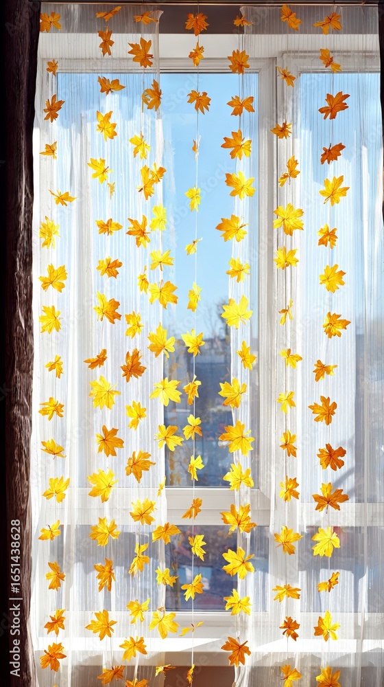 Poster bright yellow and orange artificial leaves hang delicately from a sheer curtain, creating a warm and