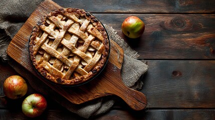 Freshly baked apple pie with a golden lattice crust sits on a wooden cutting board, surrounded by red apples and a rustic burlap cloth, evoking a cozy kitchen atmosphere