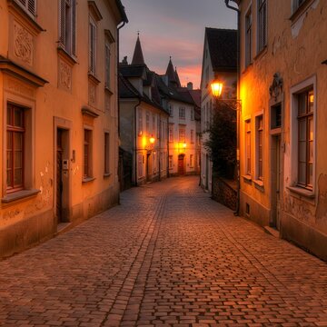 Fototapeta Cozy European village street with cobblestone roads, soft lighting