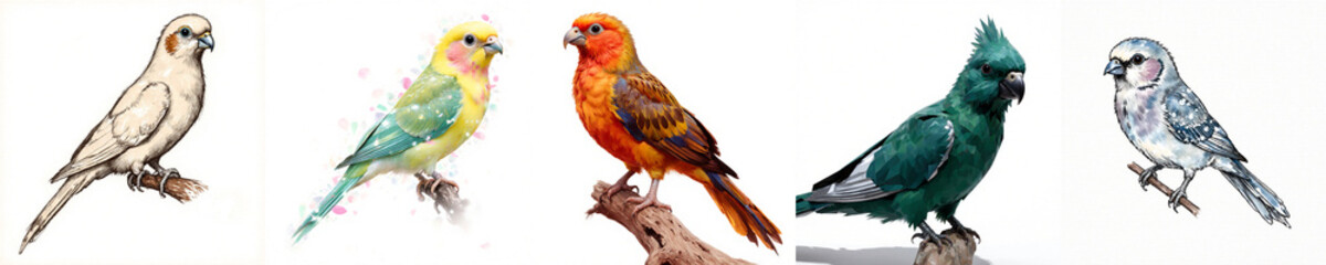 Various colorful canary birds perched on a branch  