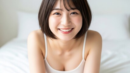 寝室のベッドの上で、満面の笑みを見せる日本人女性